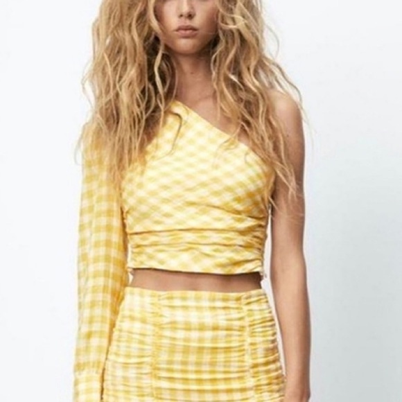 ZARA yellow gingham asymmetric Venus crop top size large - Picture 1 of 14